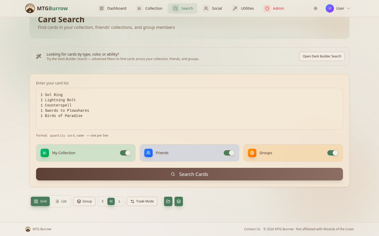 MTG Burrow deck-build search results showing Magic: The Gathering cards owned by the user, filtered by Commander legality and mana value.